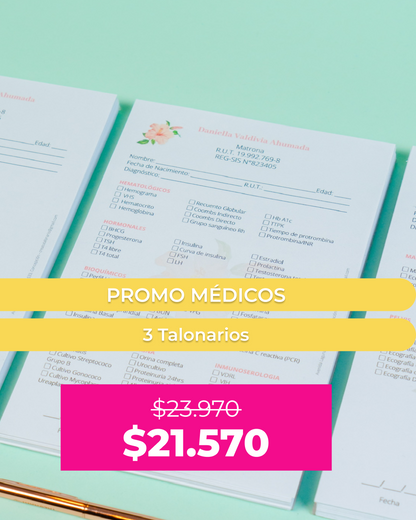 PROMO 3 Talonarios para médicos diseño predeterminado - 100 hojas - Tamaño Media Carta