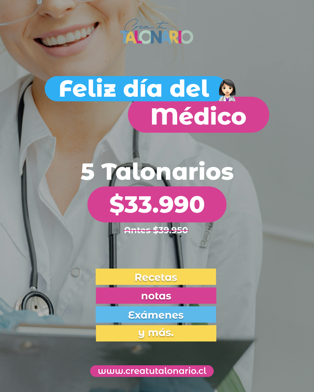 PROMO 5 Talonarios para médicos diseño predeterminado - 100 hojas - Tamaño Media Carta