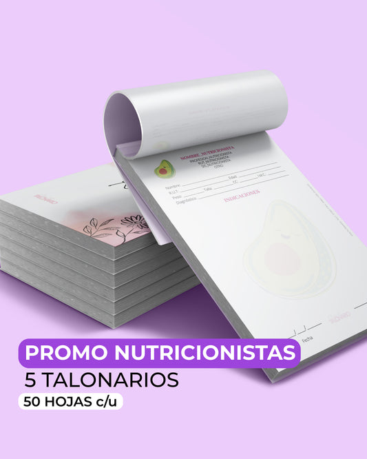 PROMO 5 Talonarios para nutricionistas diseño predeterminado - 50 hojas