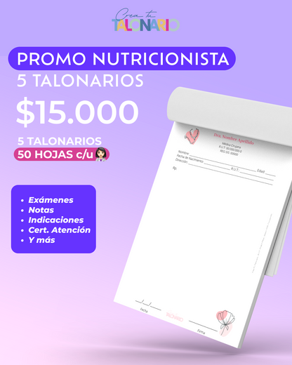 PROMO 5 Talonarios para nutricionistas diseño predeterminado - 50 hojas
