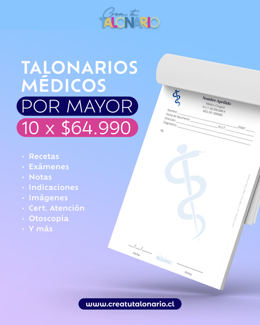 PROMO POR MAYOR 10 Talonarios médicos diseño predeterminado - 100 hojas - Tamaño Media Carta